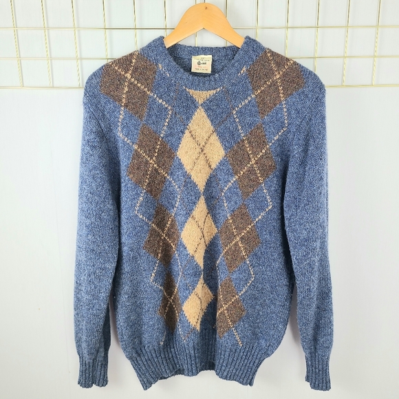 Made In Ireland Shetland Wool Marled Blue Brown Tan Argyle Vintage Grandpa Swea… - Picture 1 of 8